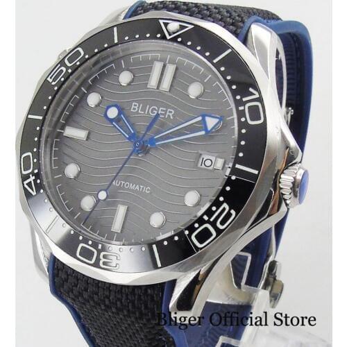 BLIGER Top Brand Mens Watch Automatic Movement 41mm Wristwatch Rubber Strap Grey Dial