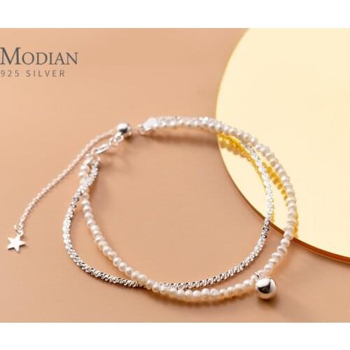 Modian 100% 925 Sterling Silver Double Layer Natural Pearls Adjustable Dazzling Chain Bracelets For Women Fine Jewelry 2021 New