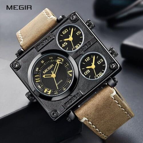 New MEGIR Big Dial Creative Square Quartz Wristwatches Men Luxury Top Brand Relogio Masculino Multipe Time Zones Sports Watches