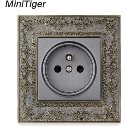 Minitiger 16A French Standard Gray Power Socket 4D Embossing Retro Zinc Alloy Panel Wall Power Socket AC 110~250V