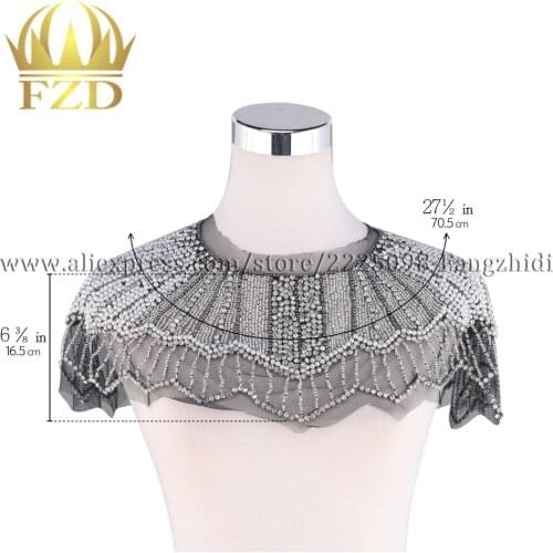 FZD 1 Piece Sewing on Crystal Beaded Heavy Gauze Patches Applique Wedding dress for Wedding Bridal Collar Shawl Decoration