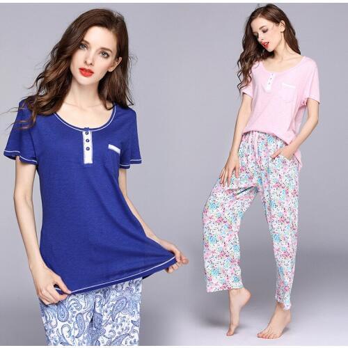 Summer Sleepwear Round Neck Cotton Short Sleeve Pants Pajamas for Women Slim Loose Leisure Simple Printing Pyjamas 2-piece Suit