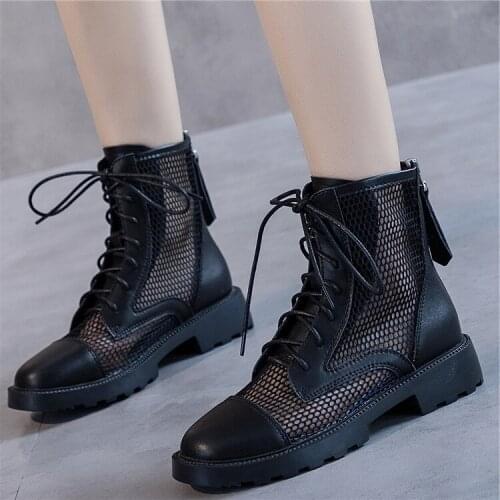 Summer 2021 leather low-heel mesh short boots hollow holes zippered cool boots female boots women boots women shoes
