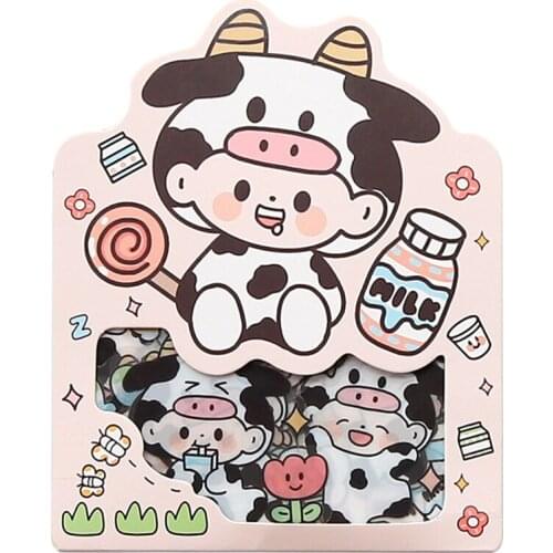 Cartoon Cow Milk PET Stickers for Kids Waterproof Scrapbooking Stickers Pack Notebook Cup Decor Student Stationery DIY Material