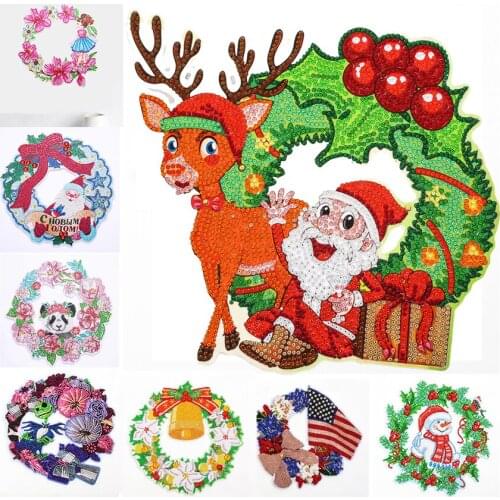 New 5D Diamond Painting Wreath With Animals Santa Claus Mosaic Door Home Wall Decor Special Shape Drill Embroidery Cross Stitch