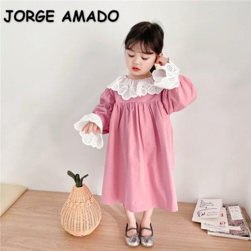 2021 New Korean Style Spring Girls Dresses Lace Peter Pan Collar Puff Princess Dresses Girl Clothes E9035