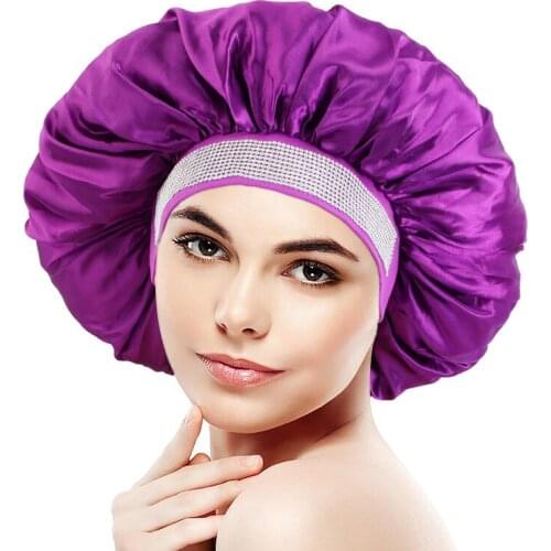 New Big Size Rhinestone Wide Band With Elastic Solid Color Satin Bonnet Fashion Hot Drilling Sleep Hat Headcover Hair Care Cap