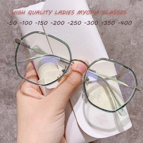 Women Vintage Myopia Glasses Frame with Degree Polygonal Ladies Optical Transparent Eyewear Less Than 1.0-1.5-2.0 To -4.0