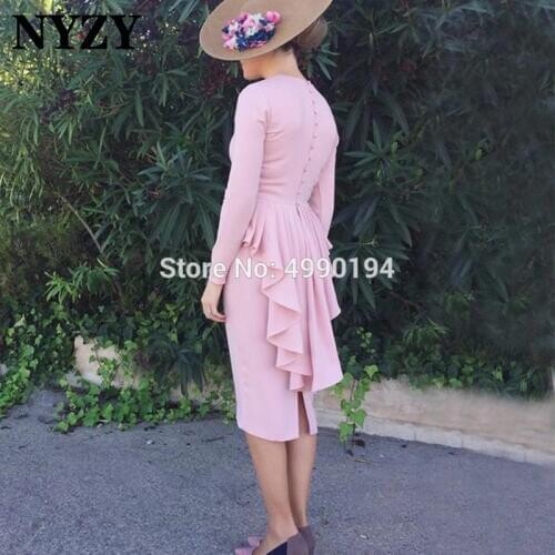 Robe Cocktail Dresses NYZY C200 Pink Satin Long Sleeves Knee Length Formal Dress Party Prom Homecoming 2019