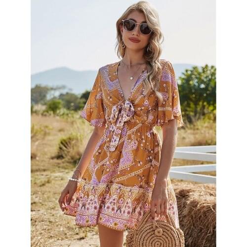 Bohemian Holiday Style Retro Rayon Contrast Stitching Printing V-neck Flared Sleeve Casual Lace-up Beach Dress Vestido