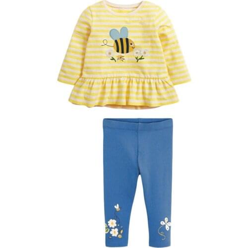 Girls O-neck Long Sleeve Casual Fashion Bee and Flowers Yellow Stripes T-shirts+Legging Pants 2PCS Clothing Sets Cotton Set