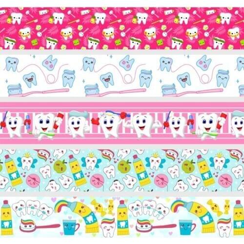 Q&N 16mm 22mm 25mm 38mm 50mm 75mm nurse day teeth cartoon printed grosgrain/FOE ribbon Accessories DIY handmade material