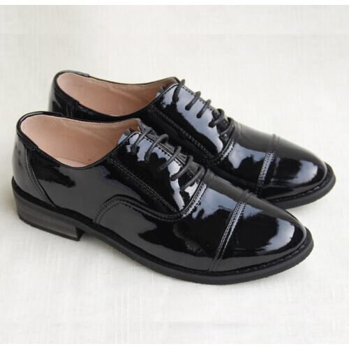 Plus Size 34-45 Fashion High Quality Genuine Leather Lace-up Female Flat Heels Oxfords Black Patent Leather Vintage Oxford Shoes