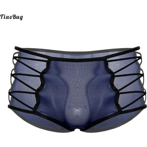 TiaoBug Men Hollow Out Silky Panties Crisscross Mid Waist Cotton Translucent Sexy Underwear Trunks For Casual Bedtime