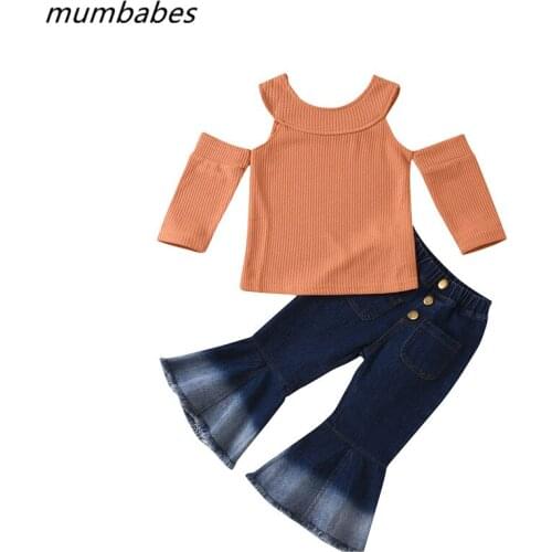 Knitted Off Shoulder Sweater for Girls Clothing Sets Autumn 2pcs Sweater+ Flared Jeans Baby Knitting Clothing Pullovers Pants