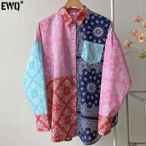 [EWQ] Summer New Fashion Elegant 1 Blue White Porcelain Retro Print Color Matching Long-sleeved Shirt Women Blusas F1052
