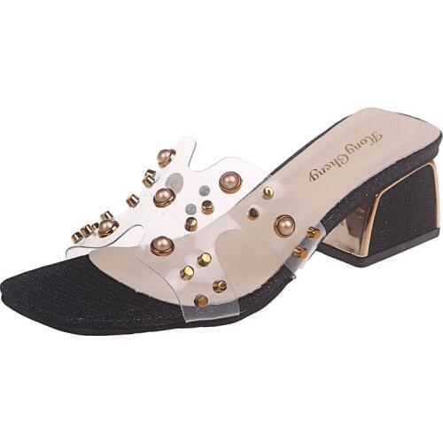 Slippers Women 2019 Summer New PU Rivet Shoes Woman Slippers Square Thick Heel Womens Shoes Outdoor Women Shoes Slides