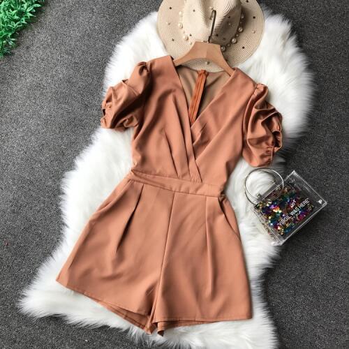 Womens spring summer solid color short sleeve v neck jumpsuit female summer wide leg short pants chic Playsuit TB1223