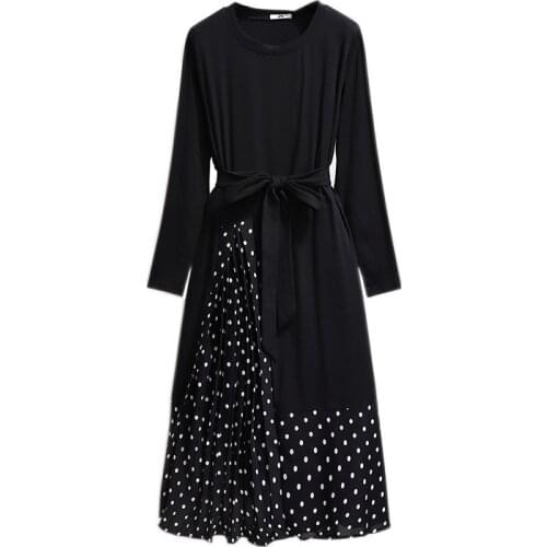 2020 oversize fake two pieces dresses women spring autumn dots print belt slim long sleeve dresses female Plus size XXL-6XL G846