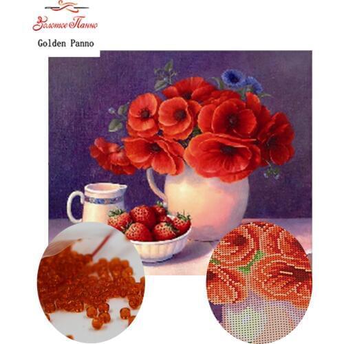 Golden Panno,Needlework,DIY,beads,Cross stitch,Embroidery stitch,Precise Printed painting,plant Pattern, Strawberry