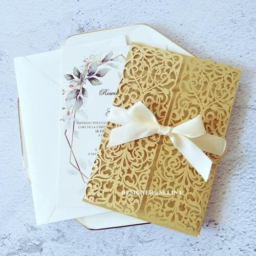 50X Elegant Hollow Wedding Invitations with Ribbon Cream DIY Personalized Printing Laser Cut Quinceanera Cards Birthday Invites