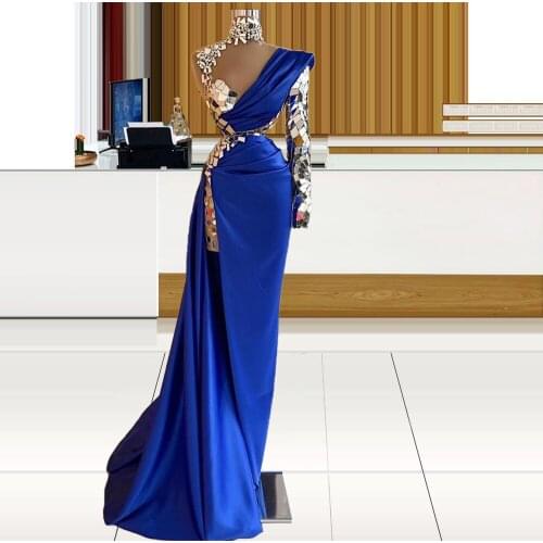 Shinning Gems Rhinestones One Sleeve Royal Evening Dress robes de soirée femme de soirée de mariage vestido de fiesta de boda
