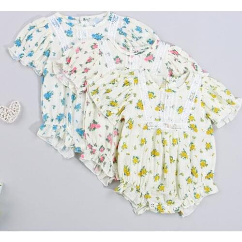 Newborn Summer Floral Bodysuit Baby Girls Lace Trim Round Neck Ruffle Sleeve Playsuit For 0-18 Months