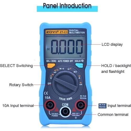 Auto range Digital multimeter 4000 Counts TRMS AC/DC Ammeter Voltmeter Ohm multimetroTester LCD Backlight flashlight ZT-C3