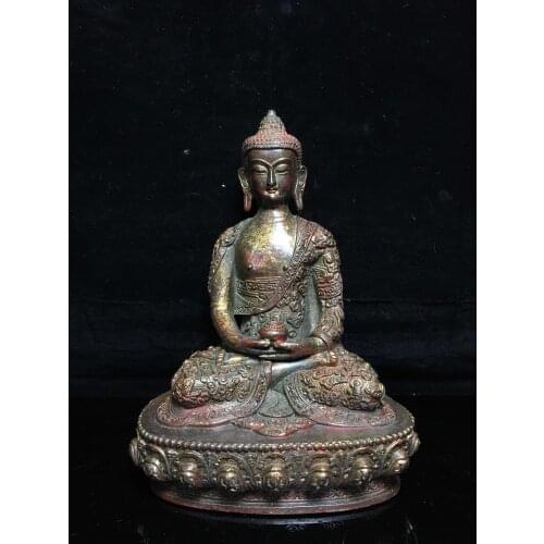 Home Decor 9" Tibet Buddhism Temple Old Bronze Cinnabars Shakyamuni Buddha Statue Medicine Buddha Amitabha Enshrine the Buddha