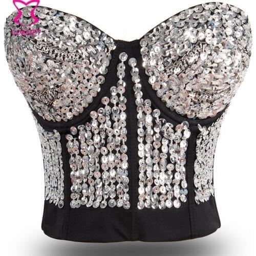 Striking Silver Metallic Beading and Sequin Bras For Women Bralette Push Up Bra Plus Size Bustier Crop Top Sexy Club Drancewear