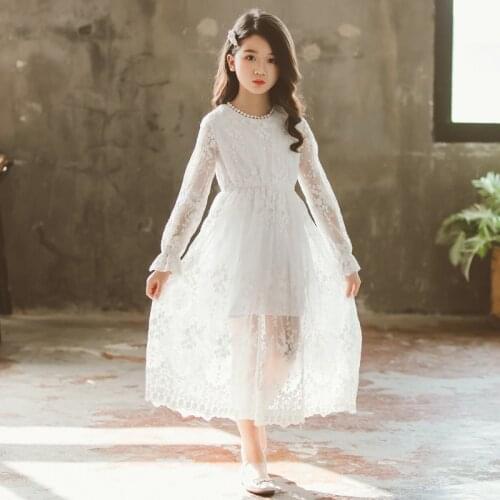 Elegant White Lace Flower Dress for Wedding Long Sleeve A line Girls Princess Party Communion Pageant Vestidos Age 8 10 12 14