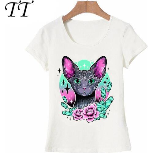 Flowers Sphynx Cat Tattoos Print T Shirt New Summer Fashion Women T-Shirt Casual Tees Fashion Female Tops Hip Hop Short Sleeve