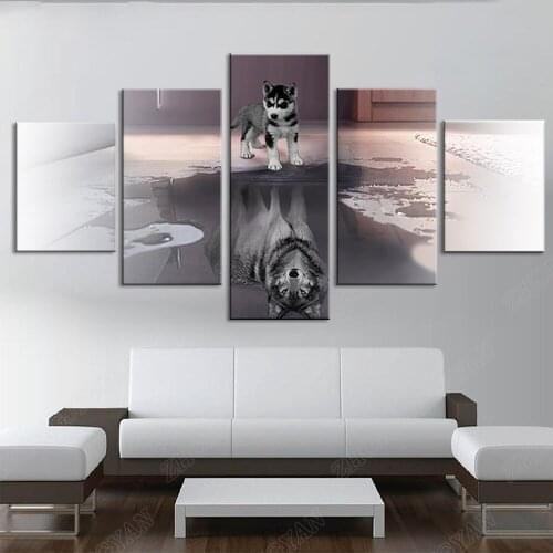 HD Printed Painting Canvas Large Animal Dog Home Decor Wall Art 5 Panel Wolf Modular Pictures For Living Room Poster Framework