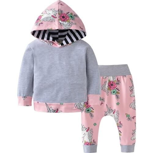 Newborn Fashion Cute Baby Gir Kids Clothes Set Long Sleeve Print Hoodie unicorn Pants Infant child Toddler Outfits Clothing Suit