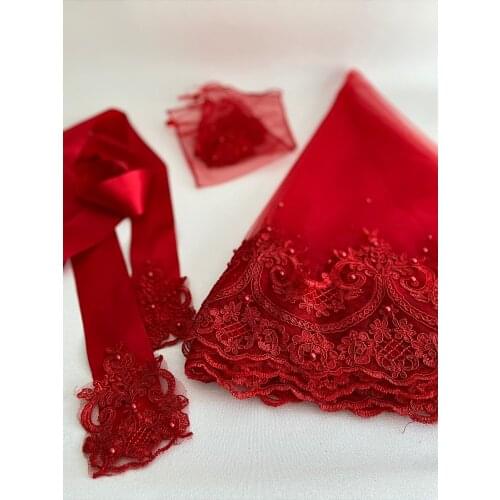 Red Sultan Guipure Pearl Embroidered Bridal Veil Sash Gloves Henna Set Bridal Veil Red Bridal Veil Lace Veil