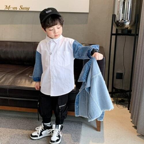Fashion Baby Boy Girl Shirt Patched Jean Sleeve Kid Jean Vest Child Shirt Long Sleeve Outfit Baby Clothes 1-12Y