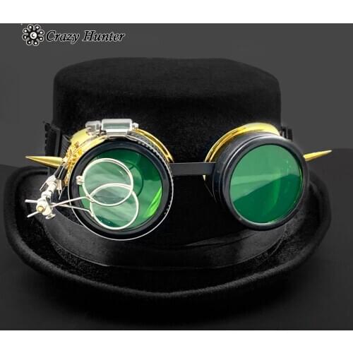 Mens Black Top Hat With Rivets Goggles Steampunk Gear Spike Glasses Cosplay Party