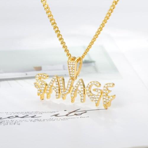 Hip Hop Savage Letter Pendant Necklace Shiny Zircon gold color stainless steel long Chain Necklace punk for Men friend gift 2020