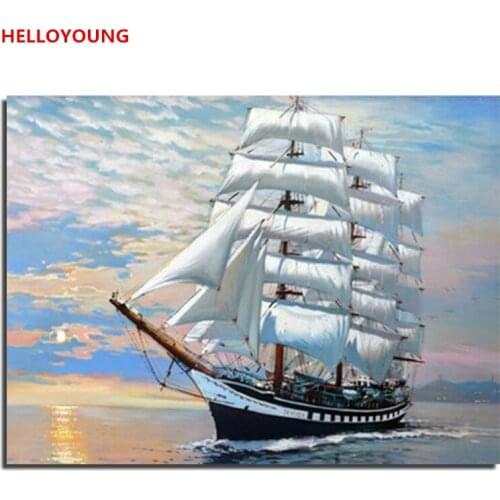 White Sail Ship Scenery DIY Digital Painting By Numbers Modern Wall Art Canvas Painting Christmas Unique Gift Home Decor 40x50cm
