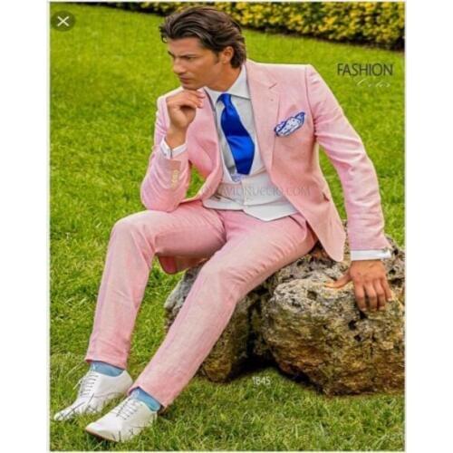 2017 Latest Coat Pant Designs Hot Pink Linen Casual Wedding Suits for Men Groom Slim Fit Tuxedo 3 Piece Custom Blazer Masculino