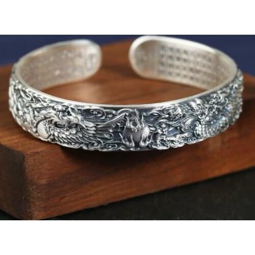 BOCAI New S999 pure silver vintage hand-embossed dragon and phoenix are auspicious heart sutra woman bracelet gift for mother