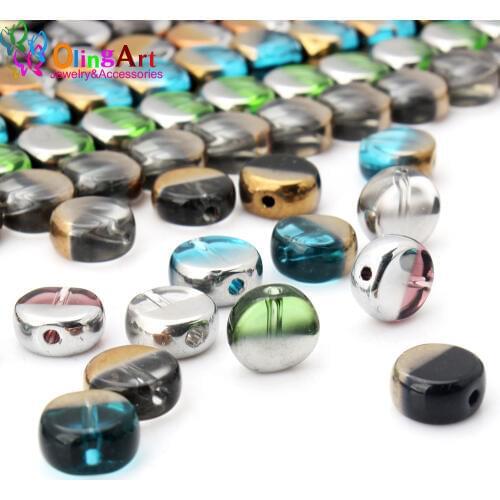 OlingArt 10MM 10pcs Glass crystal half Metal plating Mixed colors Flat round shape beads DIY necklace Bracelet jewelry making