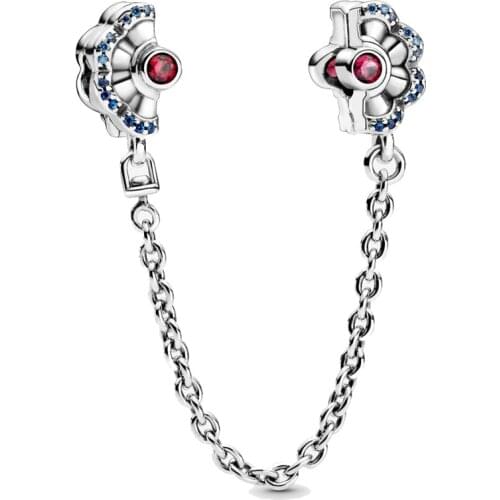 Original Blue & Pink Fan With Crystal Safety Chain Clip Stopper Beads Fit 925 Sterling Silver Charm Bracelet Diy Jewelry
