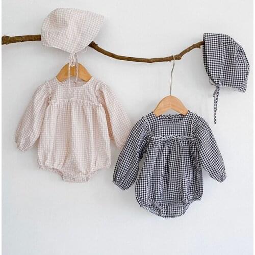 Autumn Baby Girl Clothing Toddler Girls Bodysuits Spring Lattice Long Sleeves Baby Jumpsuit +Hat 2PCS Outfit Infant Clothes