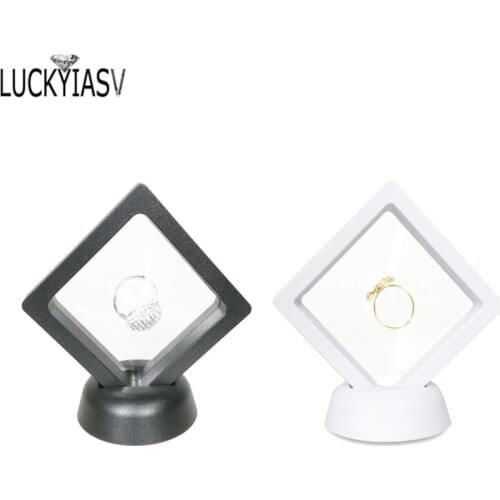 Black White Plastic Suspended Floating Display Case Earring Coin Gems Ring Jewelry Storage Pet Membrane Stand Holder Box 7*7*2cm
