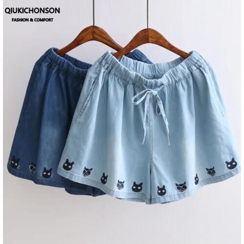 Teen-age Girls Kawaii Cats Embroidery Casual Loose Shorts Women Summer Elastic High Waist Wide Leg Denim Shorts Jeans Culottes