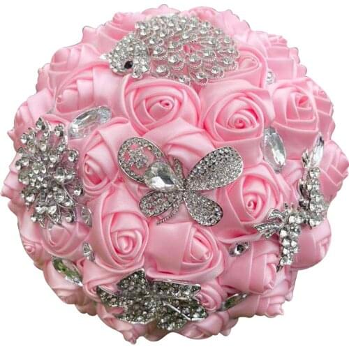 2021 Lovely PInk Silk Rose Flowers Crystal Wedding Bouquet Rose Flowers 18*25 Rhinestones Bridal Quincenaera Bouquets Country