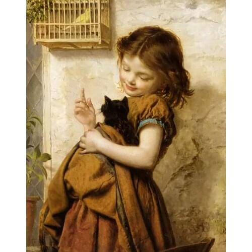 Handmade Girl holding cat cute child Needlework Embroidery DIY Cross Stitch Kits Crafts 14CT Unprinted Home decor wall Arts