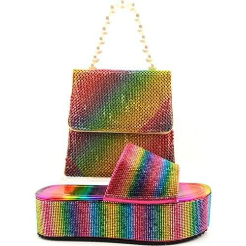 Pretty Women High Quality Decorate with Rhinestone Slipper Nigerian Ladies Shoes and Bag Set for Wedding Dress