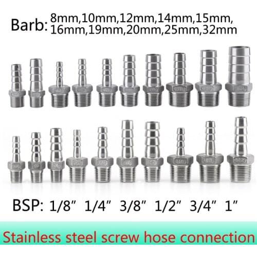 1Pcs Stainless Steel Male BSP 1/8" 1/2" 1/4" 3/4" 1"Thread Pipe Fitting Barb Hose Tail Connector 6mm to 25mm Tools Accessory